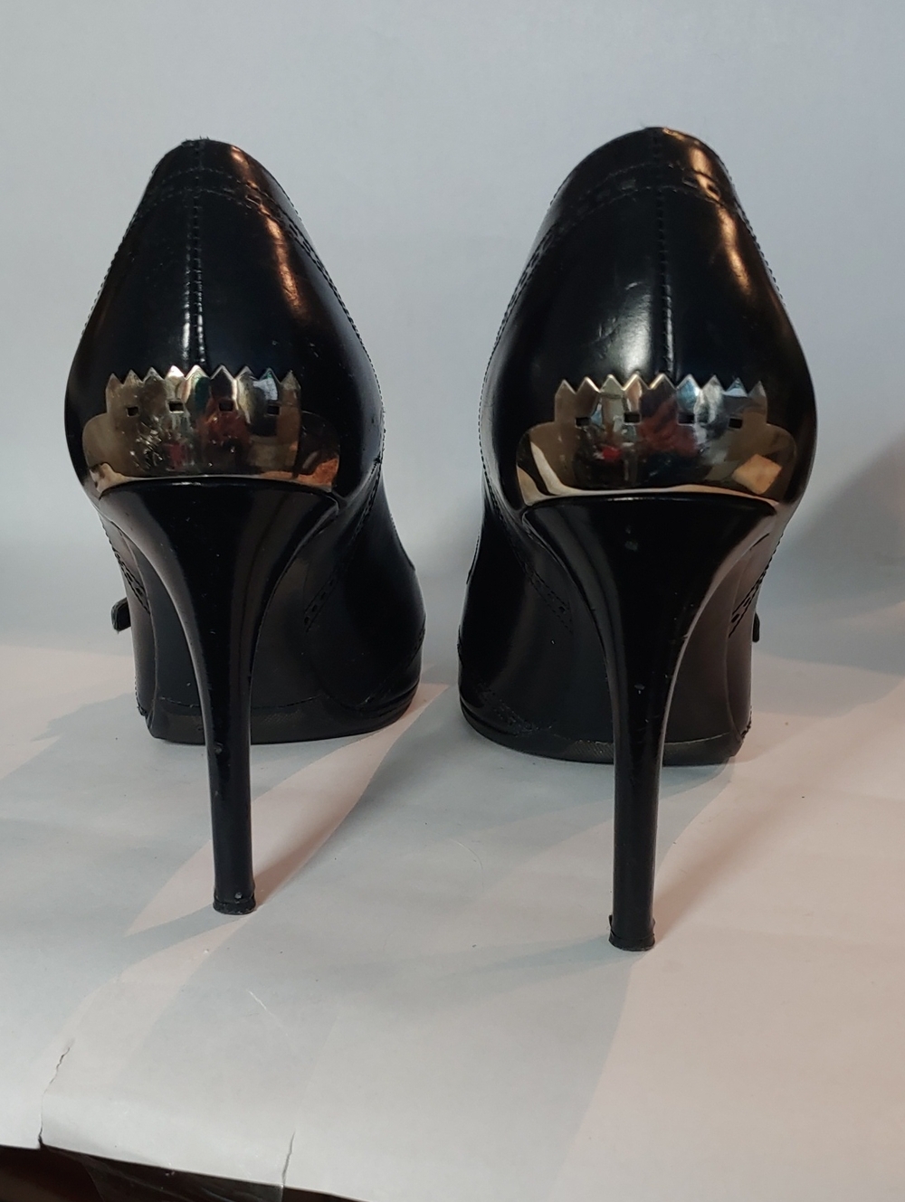 Miu Miu (Prada) Black Pointed Toe Stiletto Pumps with Metallic Caps - Picture 6 of 6
